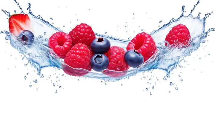 蓝莓树莓水花四溅新鲜水果摄影图