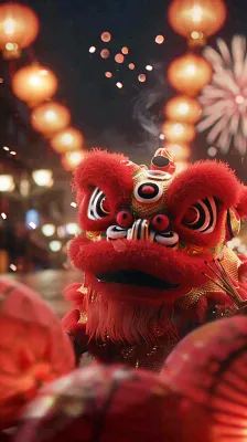 新年舞狮舞龙热闹街区红色喜庆节日小年除夕夜春节背景