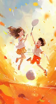 青春活力运动青年手绘插画油画，网球羽毛球球类