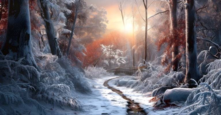 森林里下雪清晨日出霞光普照摄影图