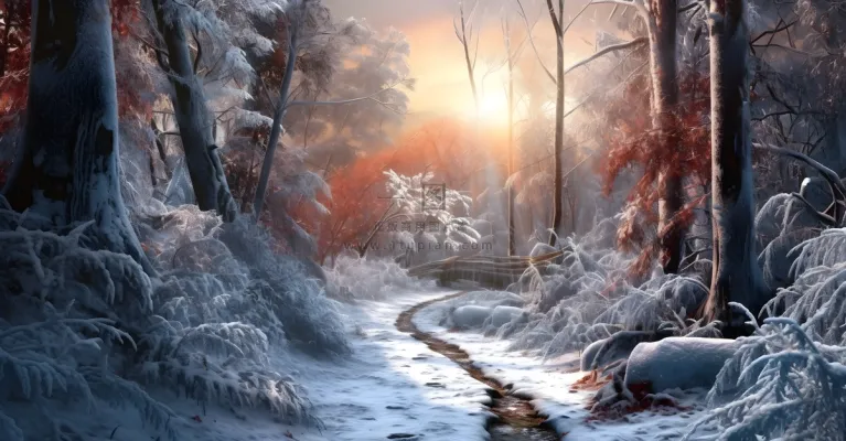 森林里下雪清晨日出霞光普照摄影图