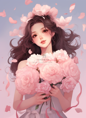 美丽少女抱着大捧粉色鲜花卡通插画