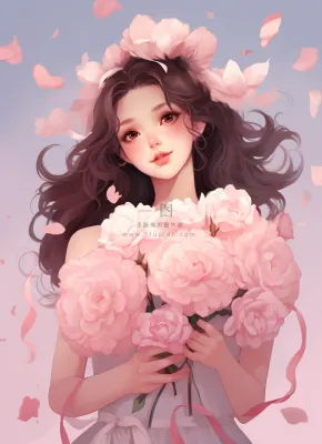 美丽少女抱着大捧粉色鲜花卡通插画