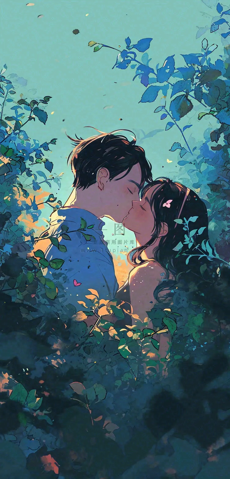 森林花丛里情侣拥抱亲吻爱情手绘插画，情人节