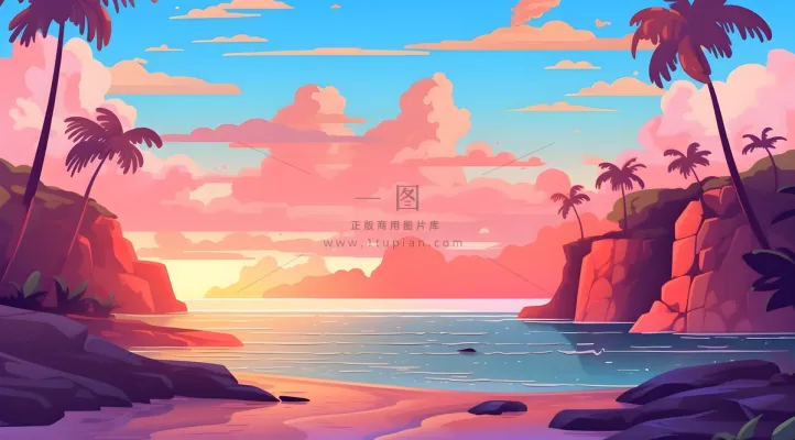 海滩上有棕榈树、岩石、沙子和水，海滩上有云，充满活力的卡通风格，极简主义背景插画背景