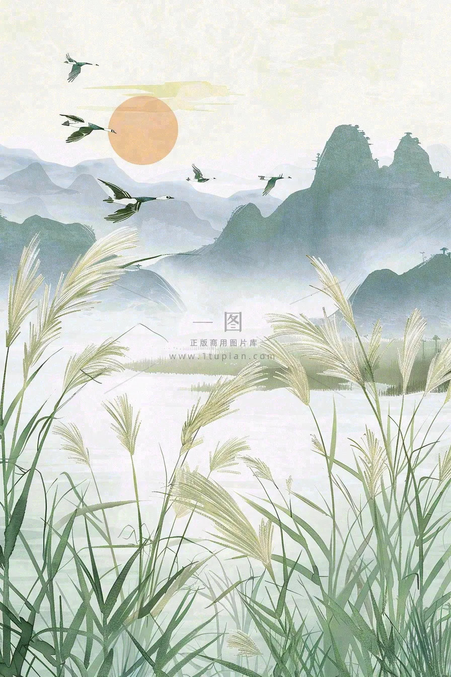 山水水墨芦苇白鹭古风白露寒露处暑插画水彩画背景