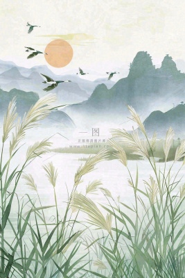 山水水墨芦苇白鹭古风白露寒露处暑插画水彩画背景 山水水墨芦苇白鹭古风白露寒露处暑插画水彩画背景