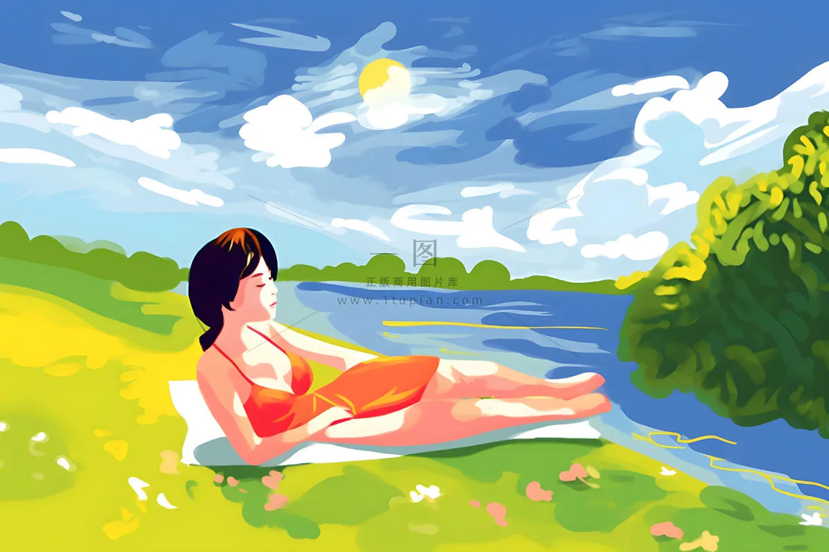 夏日人物水果树荫乘凉插画素材背景