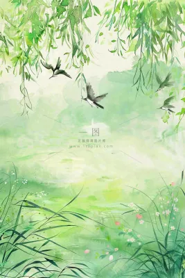 春天春暖花开柳树燕子草丛春游踏青立春惊蛰春分水彩插画背景