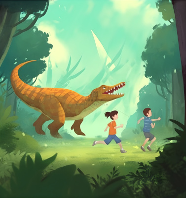 恐龙儿童大自然森林奔跑插画海报素材背景 恐龙儿童大自然森林奔跑插画海报素材背景