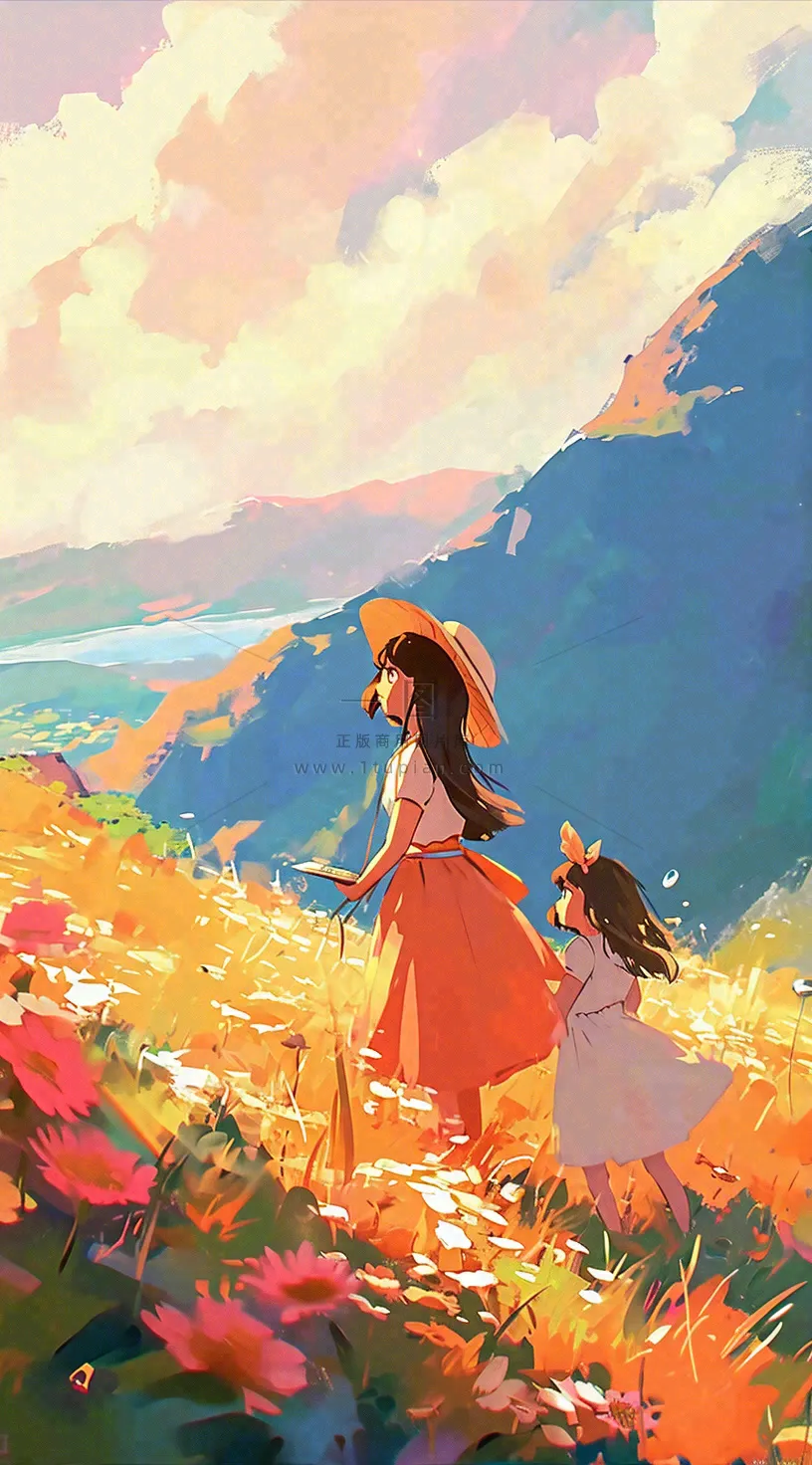 油画女孩春天踏青郊游山脉鲜花草地，春分，插画手绘