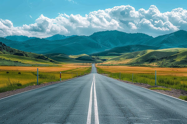 高原草地公路高山白云摄影图