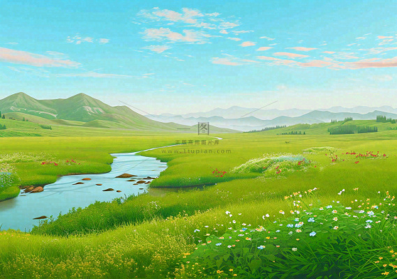 春日旅行草坪草丛花朵河流小溪野外郊游插画，春分