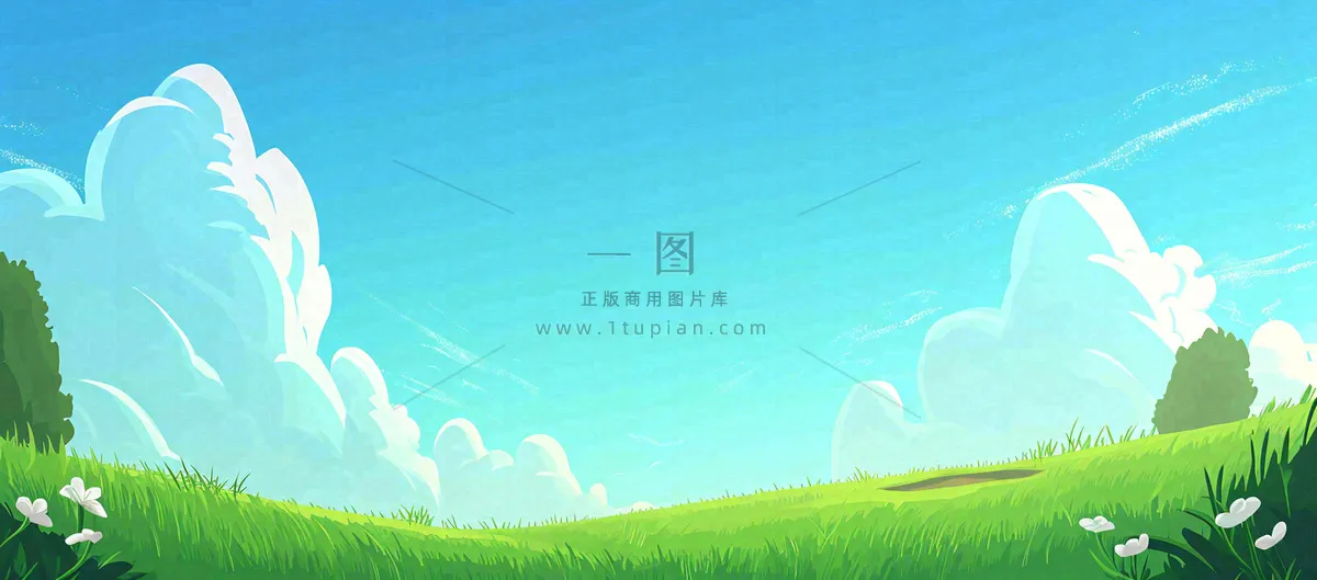 春天卡通扁平插画手绘蓝天绿色草地，春游，郊游，踏青