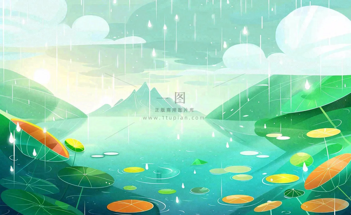 夏日荷花盛开暴雨天气山水花处暑小暑卡通插画背景