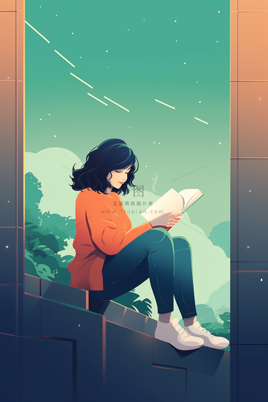 坐窗台看书的女孩少女沉思卡通插画背景