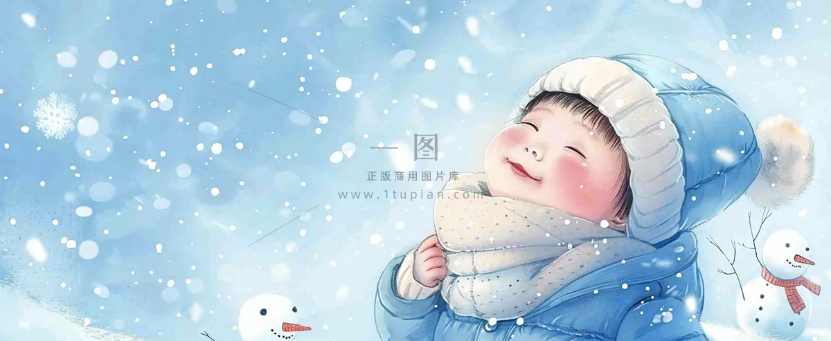 冬季雪地里玩耍的男孩堆雪人可爱卡通插画小雪大雪小寒大寒背景