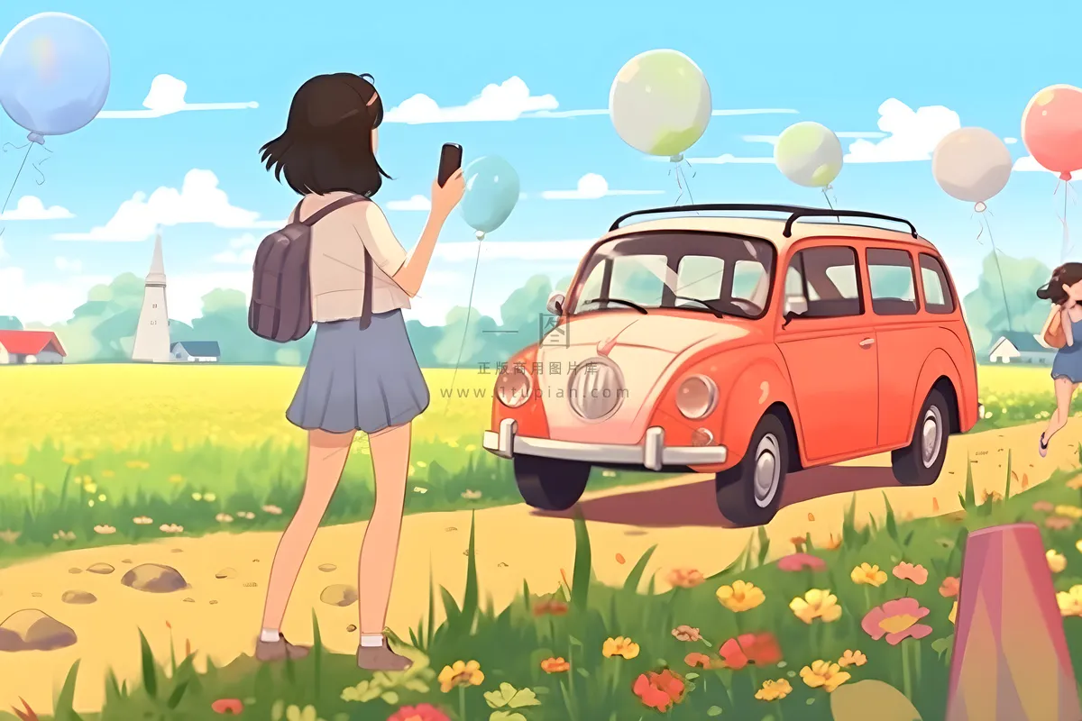 开车旅游草原花草人物卡通插画背景