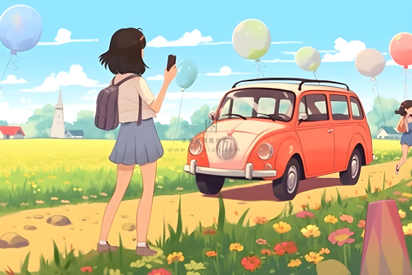 开车旅游草原花草人物卡通插画背景 开车旅游草原花草人物卡通插画背景