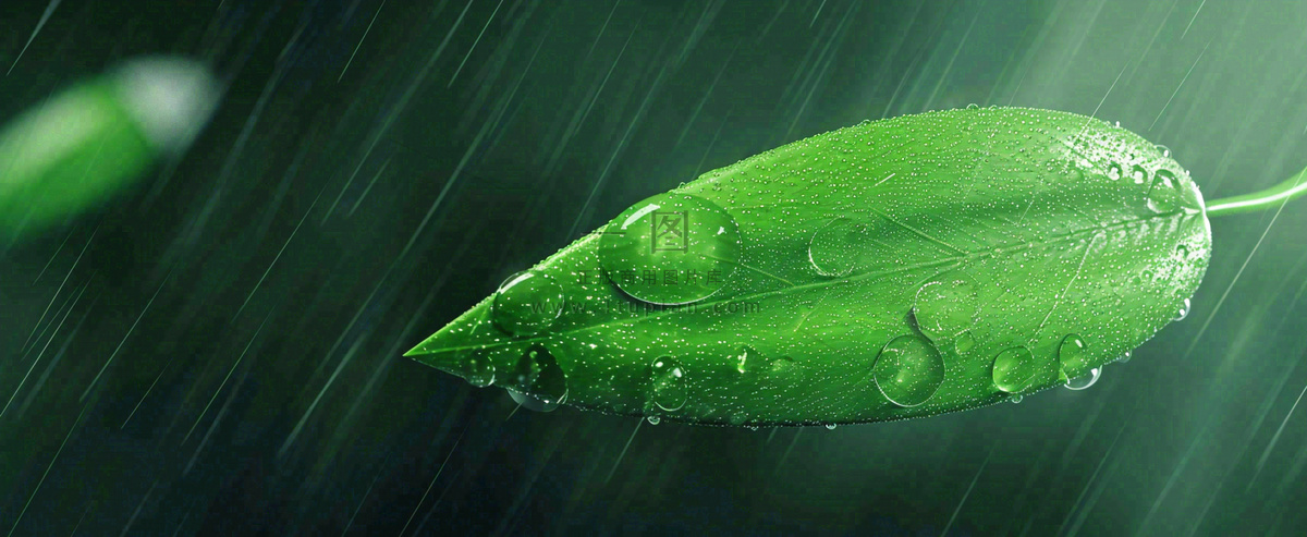 春天下雨天树叶草叶上的露珠水珠,谷雨雨水摄影图