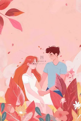 粉色恋爱情人恋人相拥鲜花丛浪漫梦幻七夕情人节插画背景