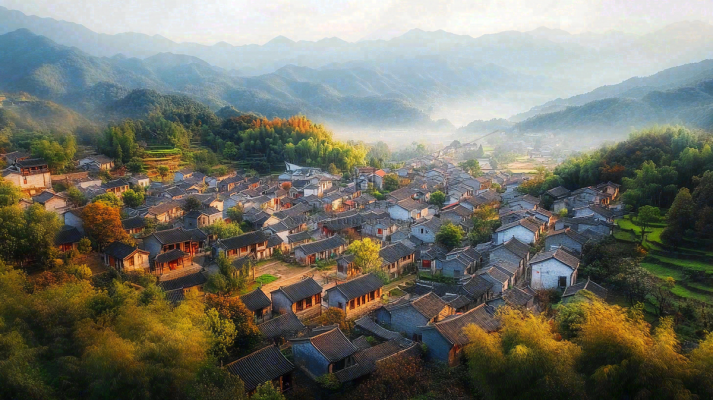 江南风景屋檐瓦舍雾村庄山林摄影图