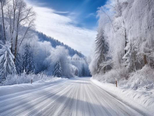 冬天大雪道路积雪两边的树木雾凇摄影图