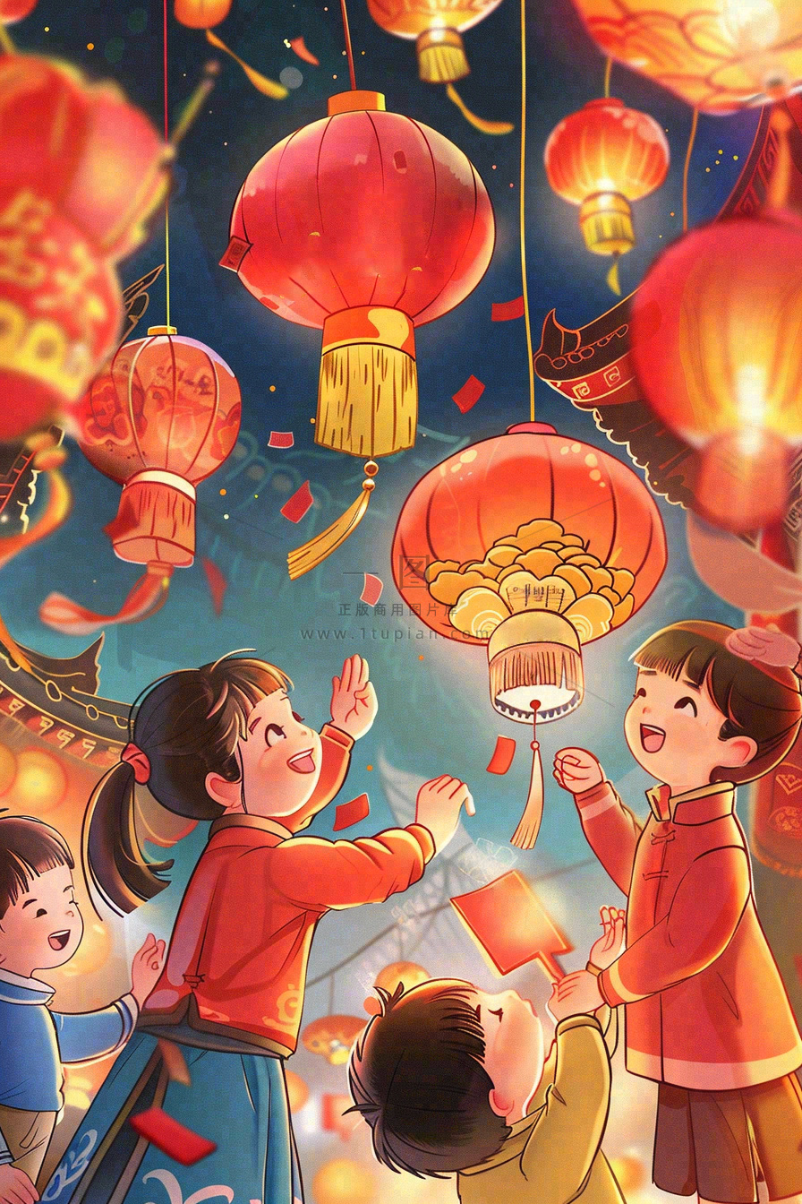 新年热闹的街道张灯结彩红色喜庆背景