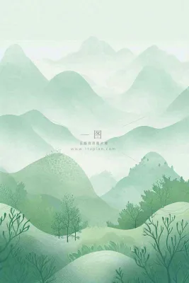青绿山脉树木小草扁平插画手绘