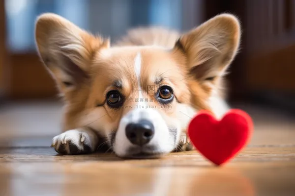宠物狗柯基趴着木地板上面前还有红色爱心摄影图