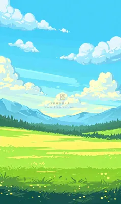 蓝天白云草地山脉插画手绘 蓝天白云草地山脉插画手绘