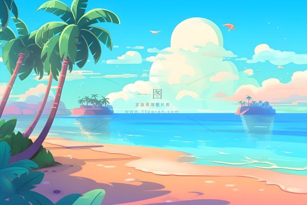 海边度假沙滩椰树冲浪天空插画背景