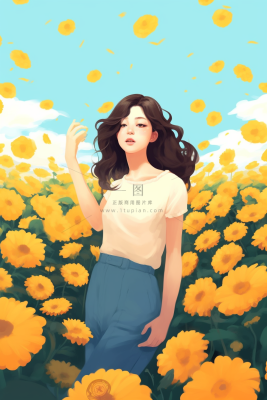 黄色花海里的少女蓝天白云卡通插画