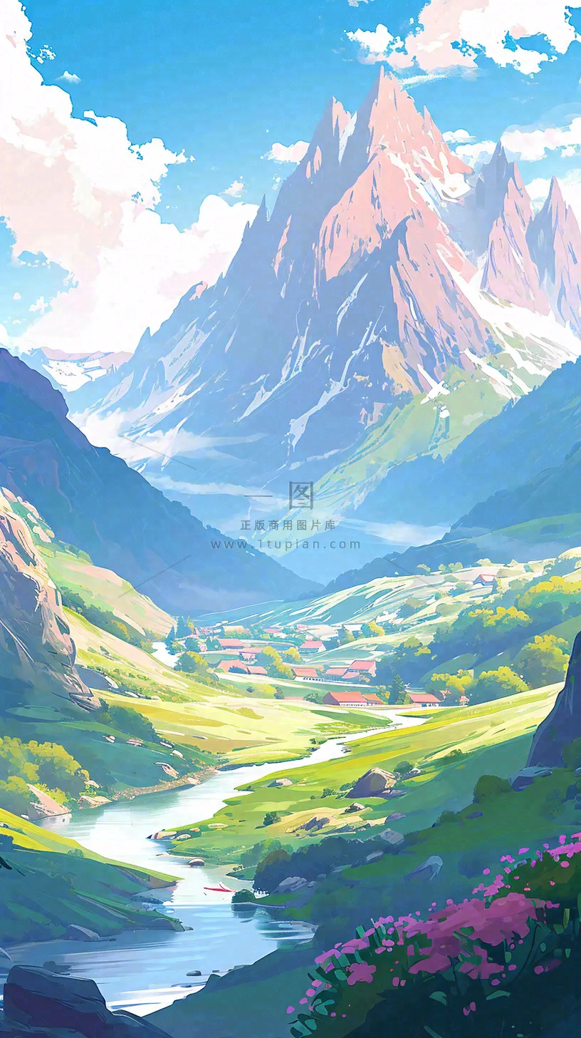 阳光春天细长流水山脉村庄小屋草坪，春分，旅行露营