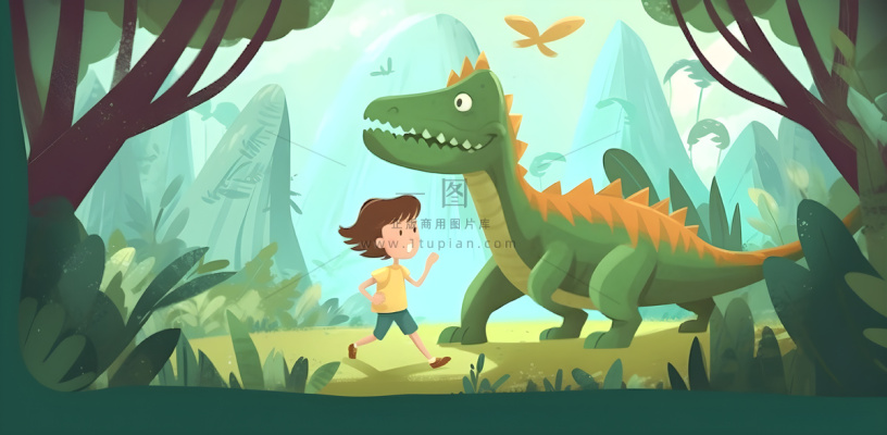 恐龙儿童大自然森林奔跑插画海报素材背景 恐龙儿童大自然森林奔跑插画海报素材背景
