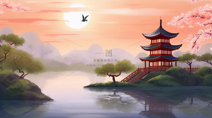 古风古建筑山水画阁楼凉亭春天山花烂漫插画背景 古风古建筑山水画阁楼凉亭春天山花烂漫插画背景