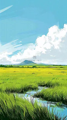 春天阳光灿烂远处的高山和田野春意盎然手绘卡通画