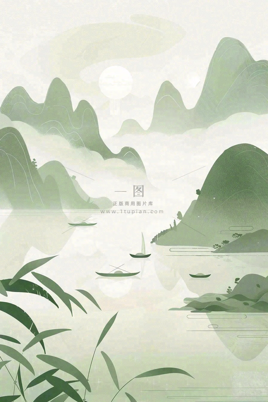 水墨画山水小船绿水青山清明端午插画背景