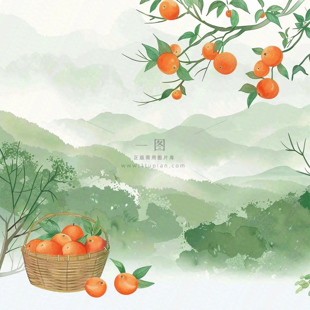 秋天丰收季果树成熟果篮橘子黄杏处暑立秋秋分卡通插画背景