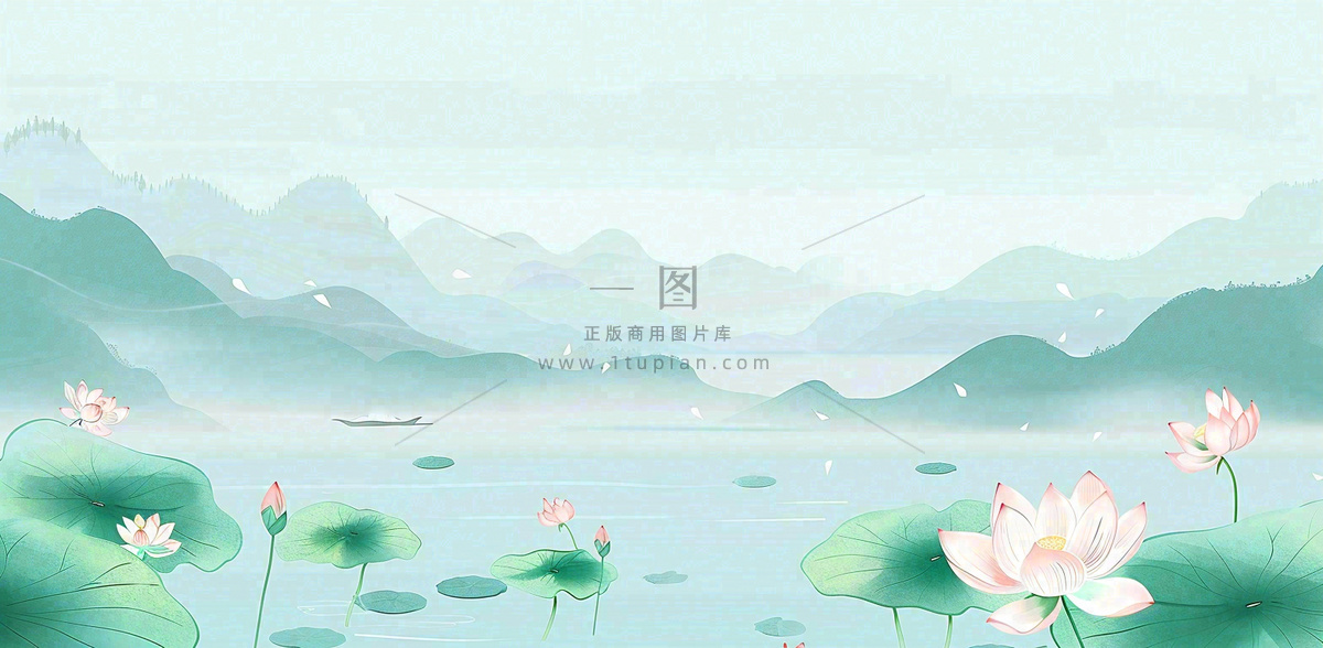 夏天山水荷花莲花清凉淡雅绿色中国风插画夏至大暑小暑背景