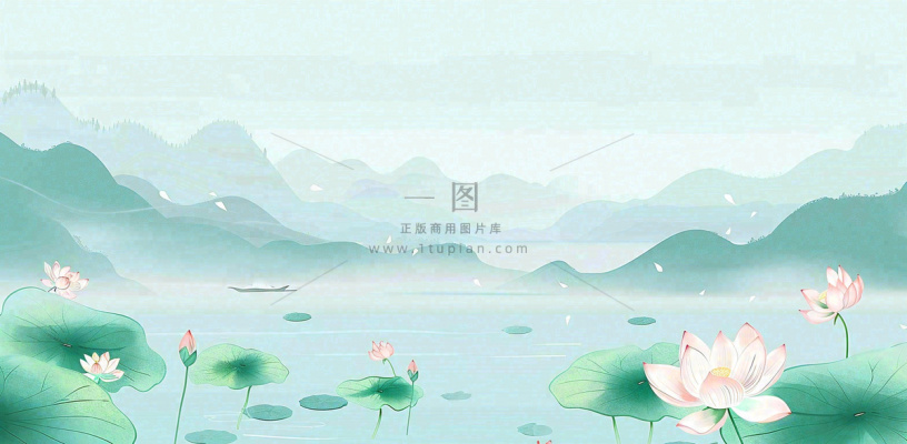 夏天山水荷花莲花清凉淡雅绿色中国风插画夏至大暑小暑背景 夏天山水荷花莲花清凉淡雅绿色中国风插画夏至大暑小暑背景