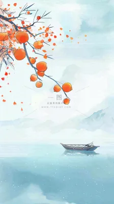 中国风山水画柿子树船只霜降插画背景 中国风山水画柿子树船只霜降插画背景