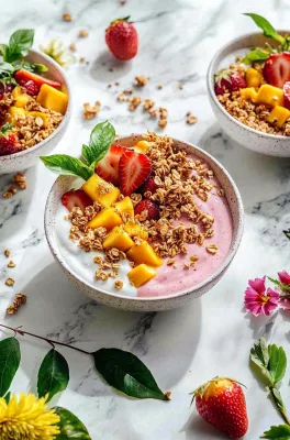 水果燕麦酸奶草莓芒果树莓食物饮品摄影图