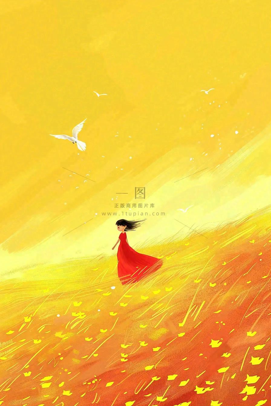 秋天金黄背景花丛红裙子少女白鹭立秋秋分白露插画背景