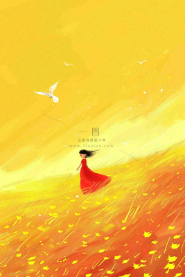 秋天金黄背景花丛红裙子少女白鹭立秋秋分白露插画背景 秋天金黄背景花丛红裙子少女白鹭立秋秋分白露插画背景