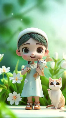 儿童节小女孩田间游玩小草小花,动物鱼类可爱 儿童节小女孩田间游玩小草小花,动物鱼类可爱