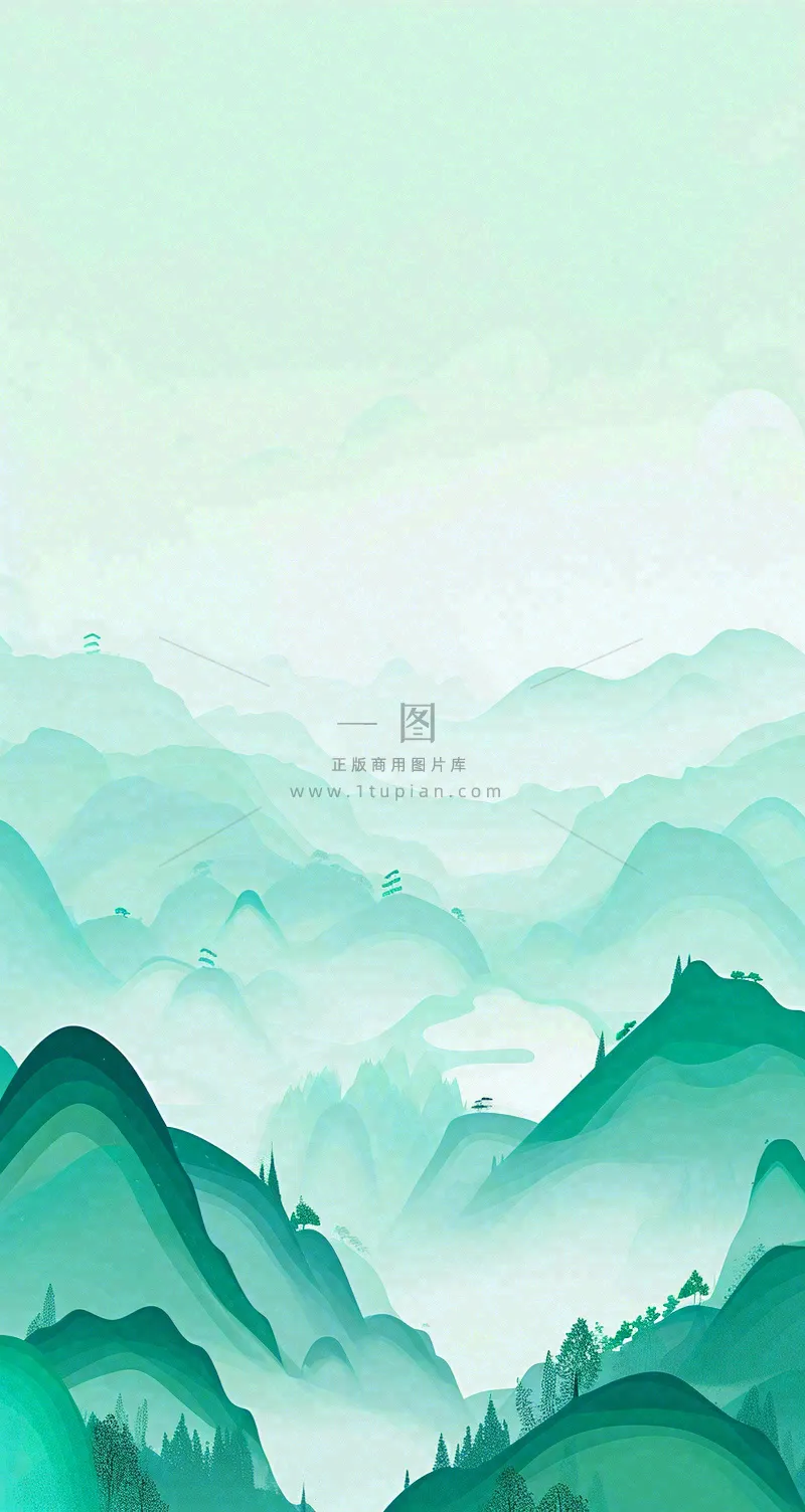 国风意境山水画落日绿色