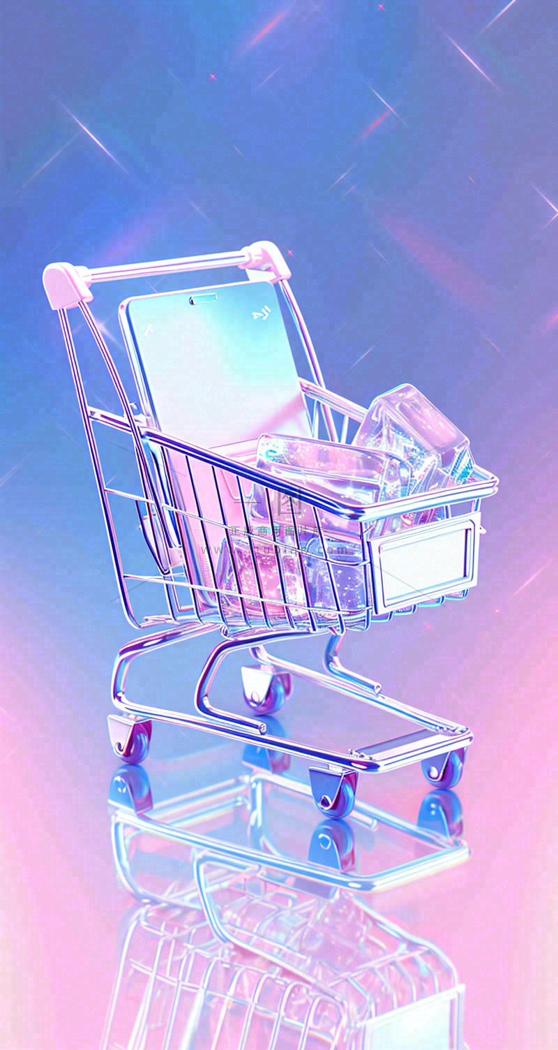 彩色奇幻渐变蓝紫粉色购物车手推车3D