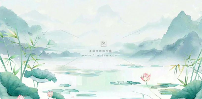 绿色荷花荷叶山水船立夏天夏至中式手绘风景中国风国画大暑小暑插画背景