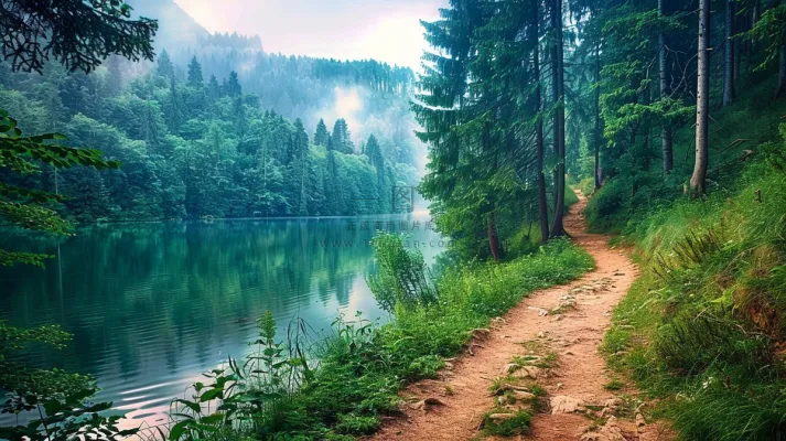 森林湖泊山林小路高山摄影图